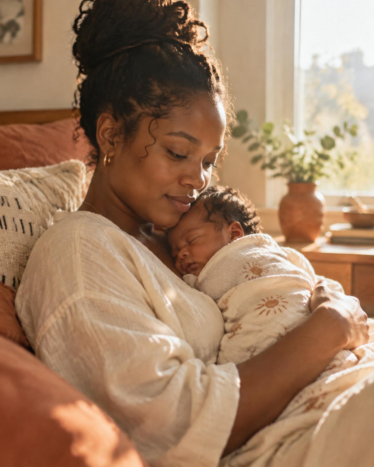 A Black mother holding her sleeping newborn close in warm afternoon light